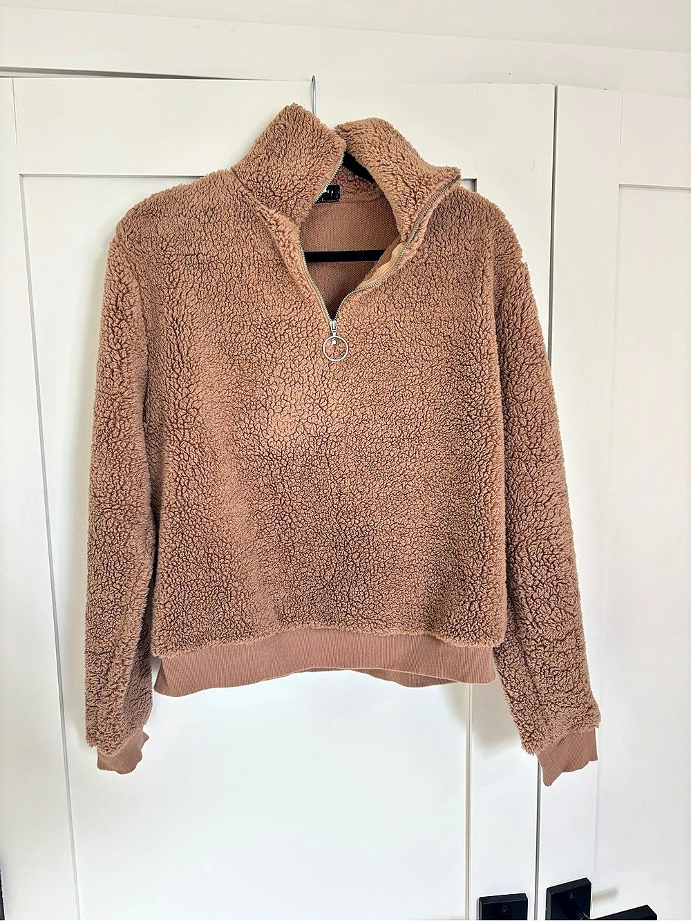 Topshop Borg Quarter Zip Fleece Pullover in Brown Size 10 (M)